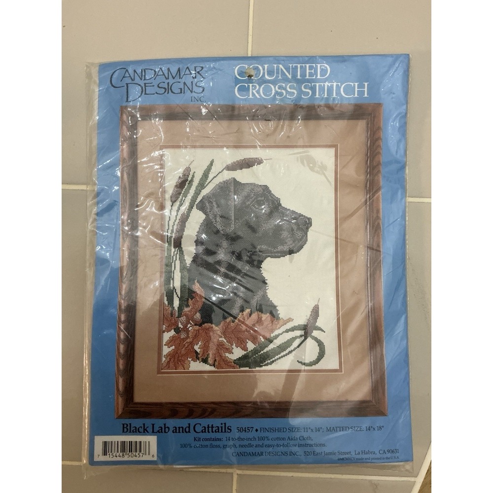 Vtg Candamar Designs BLACK LAB & CATTAILS #50457 Counted Cross Stitch Kit 11X14"